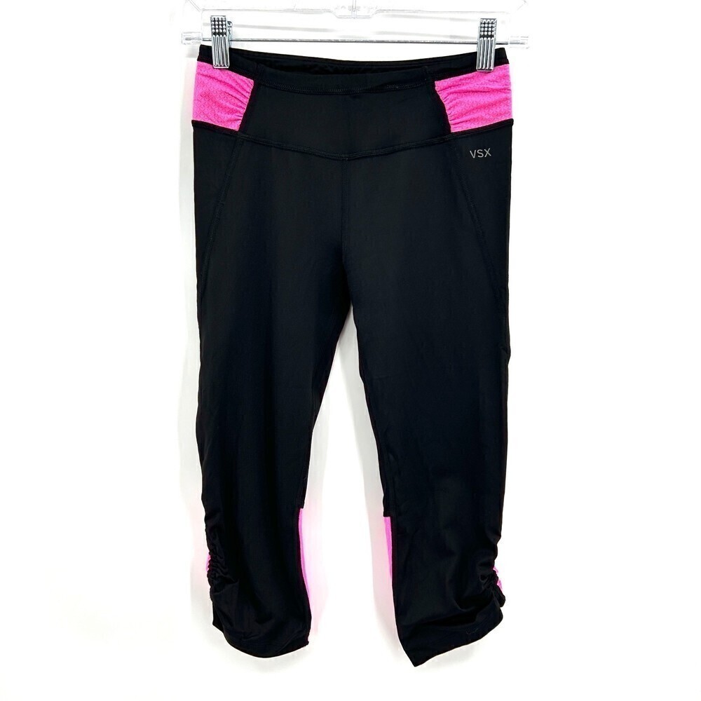 VICTORIA'S SECRET VSX Sport Black Hot Pink Cropped Ruched Workout Leggings XS